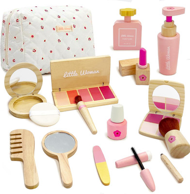 Wooden Pretend Makeup Toy Set for Girls, Realistic Cosmetic Kit with Lipstick & 