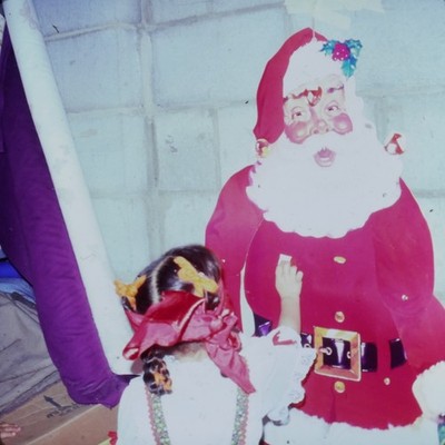 Vintage 126mm Found Photo Slide 1970s Girl Admiring Retro Santa Claus Poster VTG
