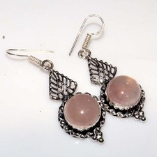 925 Silver Plated Rose Quartz Earrings 2.1" Bridal Style Jewelry Trendy JW