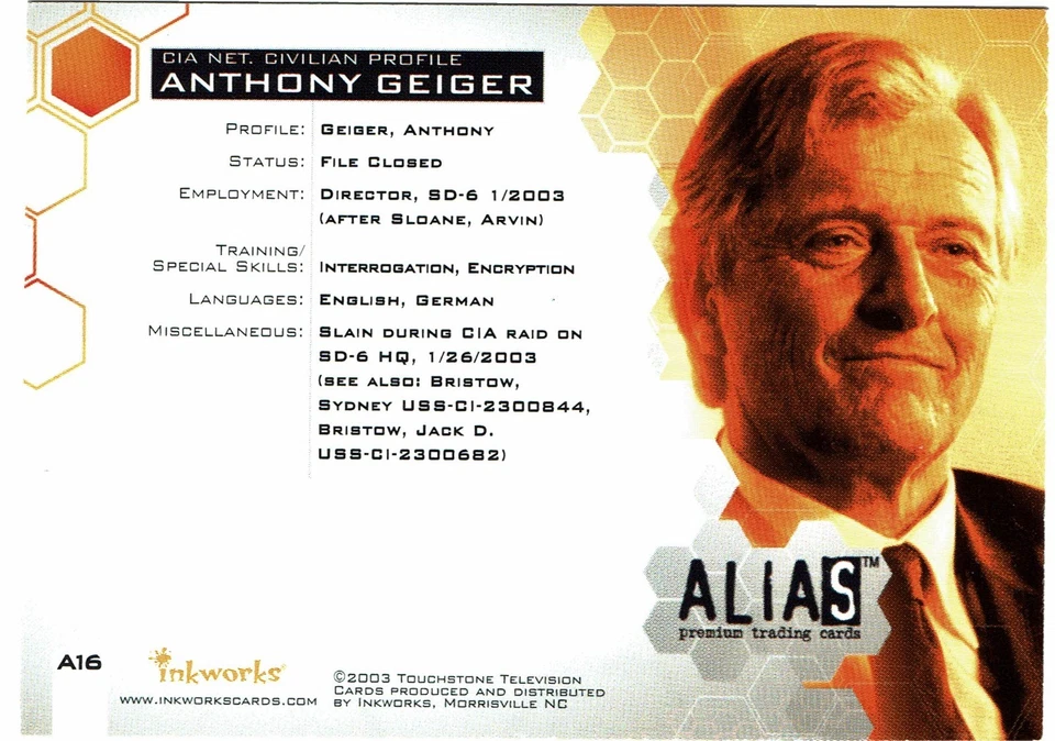 Alias Season 2 Inkworks Auto Autograph Card A16 Rutger Hauer as Anthony Geiger - Image 3 of 4