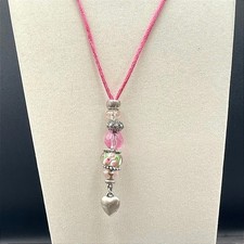 VTG Pink Whimsical Inlay Floral Faceted Glass Beads Heart Pendant Cord Necklace