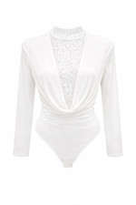 Women’s Sheer Lace Plunge Bodysuit Long Sleeve Sexy Party Going Out Top