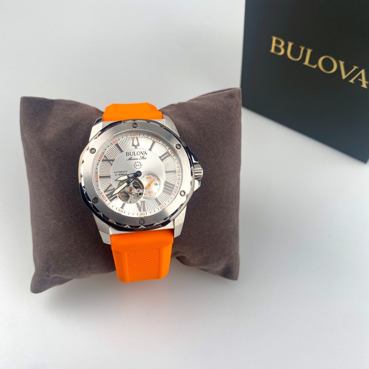 Bulova Marine Star Automatic Silver Dial Orange Rubber Strap Men's