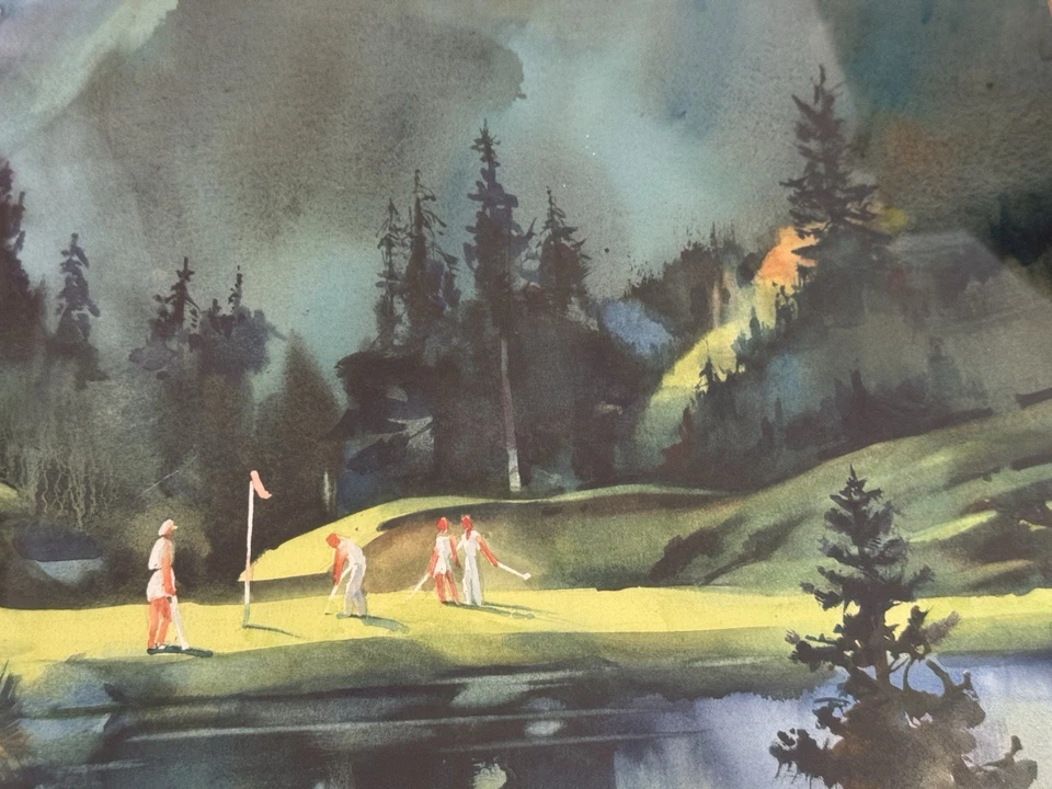 Acuarela Original “Escena de Golf” por Robert Meecham -Enmarcado 29”x22” Foto 2 de 4