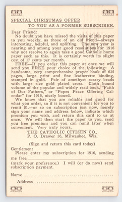 1915 Catholic Citizen Co Postal Card Milwaukee WI St Francis Seminary Offer