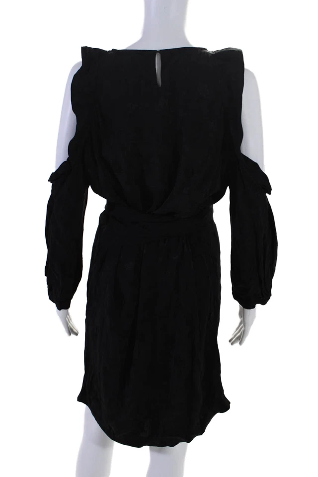 Maje 女式佩斯利印花荷叶边露肩长袖连衣裙黑色 3 码 — 第 3/4 张图片