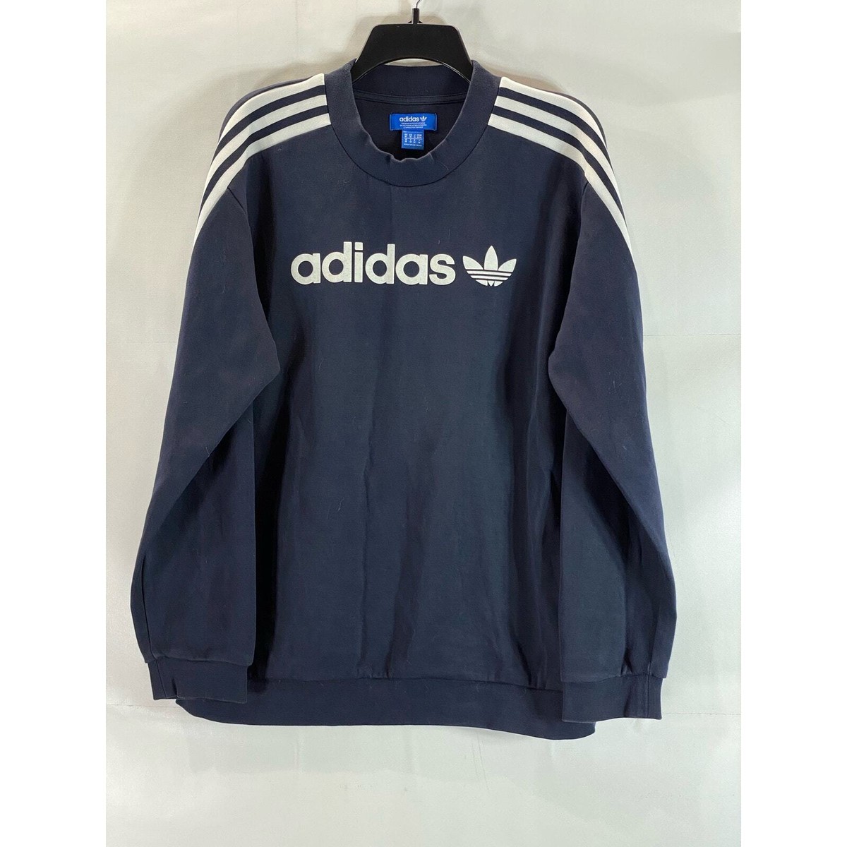 ★adidas★ sweatshirt navy IR7596 ADIDAS Men's Navy/White Crewneck Linear Pullover Sweatshirt