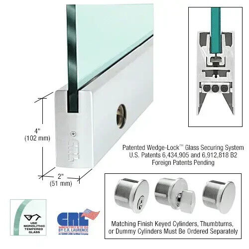 C.R. Laurence Satin Anodized 1/2" Glass 4" Square Door Rail 35-3/4" DR4SSA12SL - Foto 1 di 2