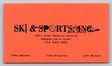 Biglietto da visita vintage Ski & Sports Inc arancione California Spalding Bowen
