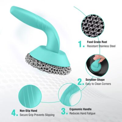 HAUSHOF Cast Iron Scrubber with Long Handle Kitchen Cleaning Kit for Grill Oven