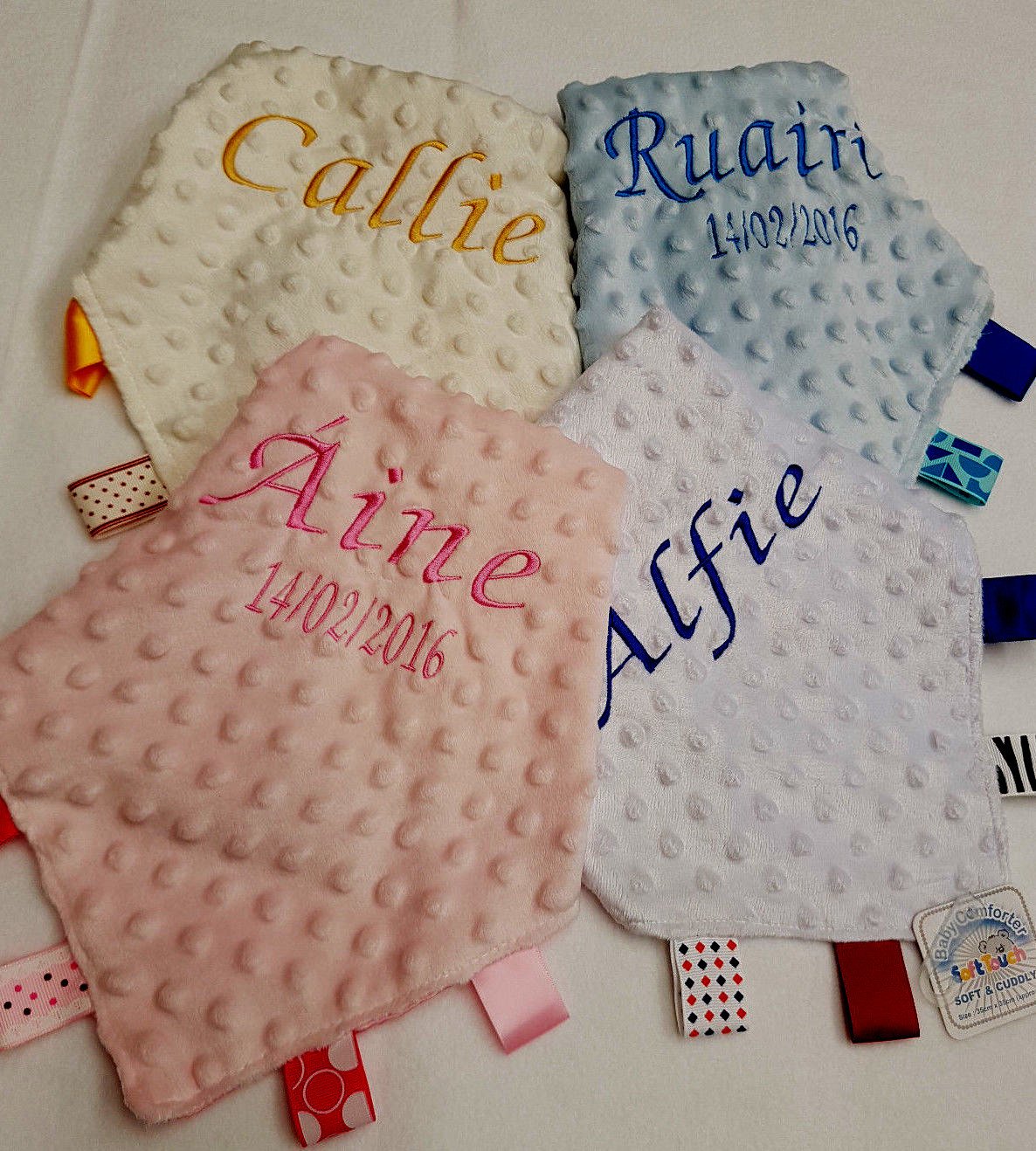 Personalised Baby Taggy Taggie Blanket Comforter Blue Pink Boy Girl