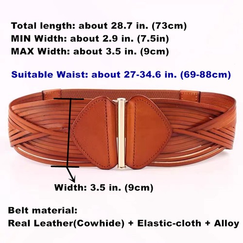 Real Leather Wide Waist Belt Gold Buckle Elastic Stretch Waistband Braided Belt - Picture 5 of 53
