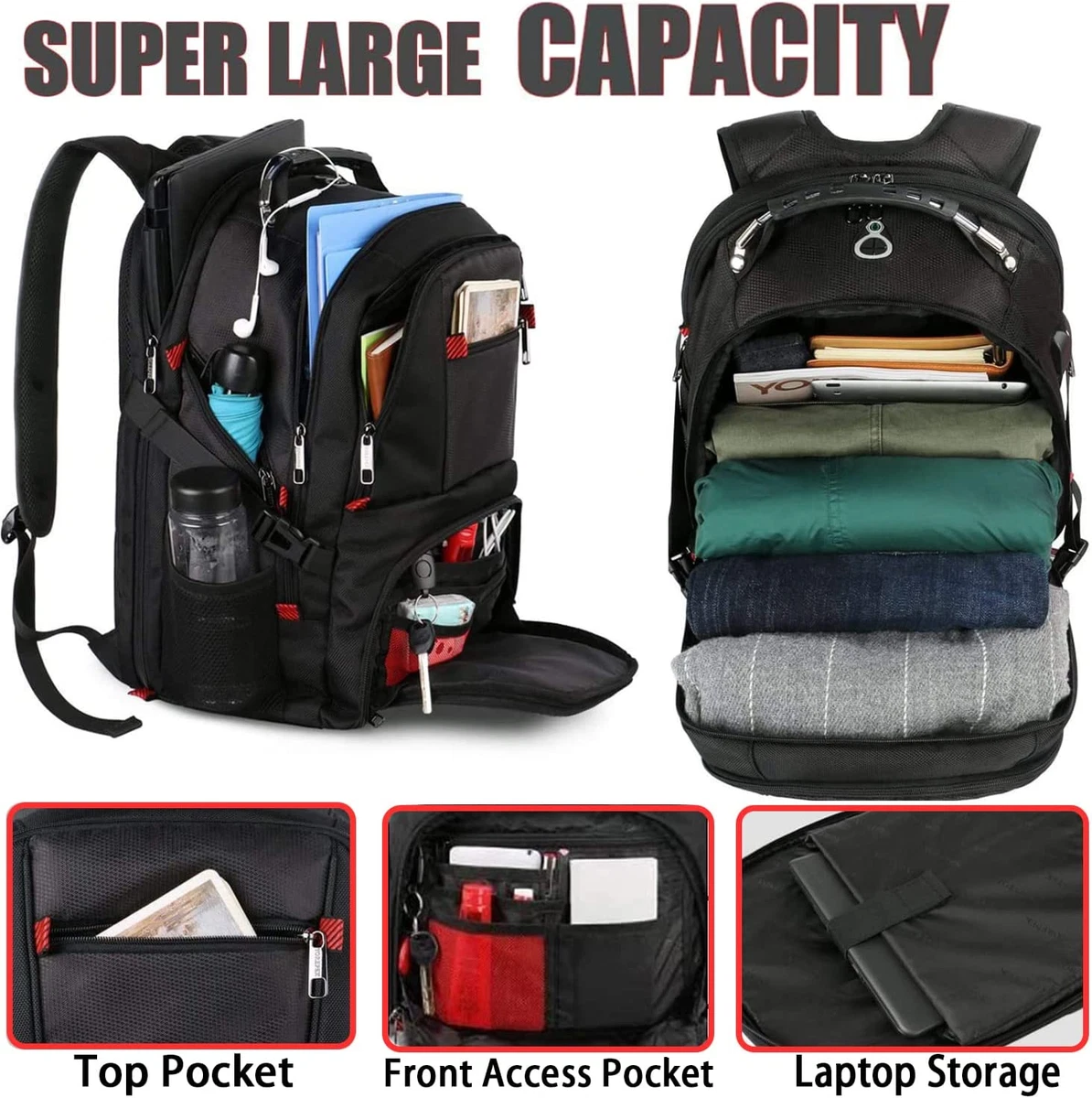 Mochila de Viaje Grande de 50L para Hombre y Mujer con Puerto USB de Carga  Negro