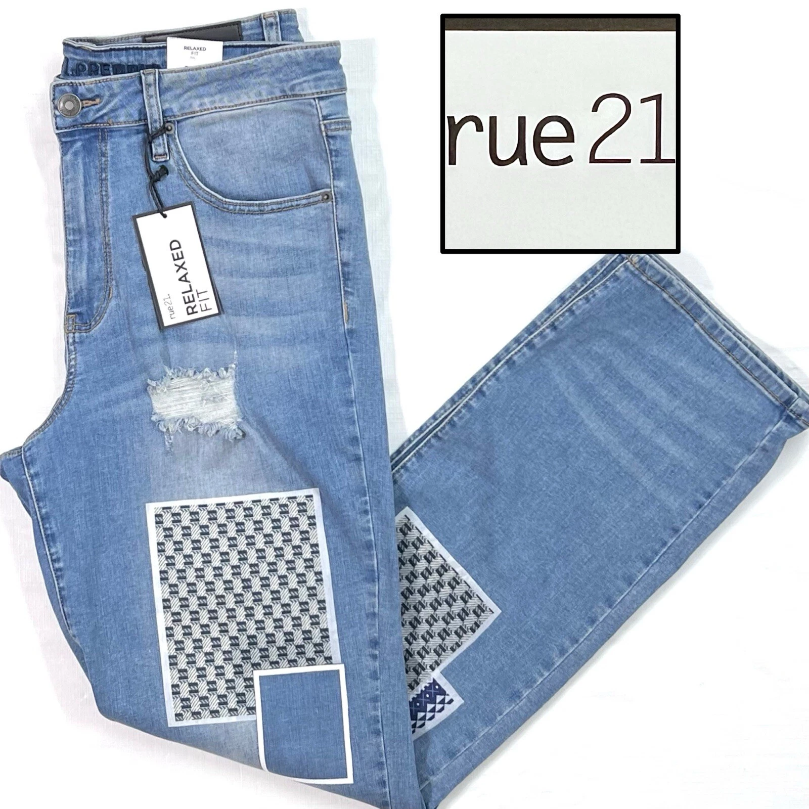 Pantalon jean denim vieilli 34x34 neuf avec étiquette RUE21 homme décontracté supreme flex patchs
