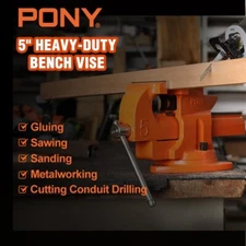 PONY Heavy-Duty Bench Vise 5-inch Utility Combination Pipe Vise 360° Swivel Base