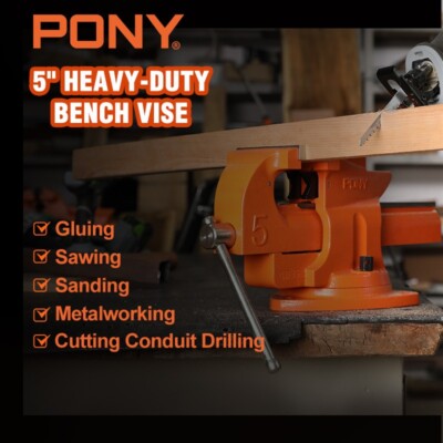 PONY Heavy-Duty Bench Vise 5-inch Utility Combination Pipe Vise 360° Swivel Base