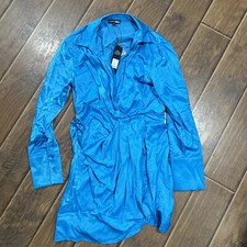 Fashion Nova Women's Size L Blue Long Sleeve Satin Mini Dress NWT
