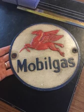 Mobil Oil Gas Cast Iron Sign Plaque Mechanic Auto Coal Collector Patina 3+ LBS