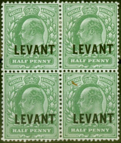 British Levant 1905 1/2d vert jaunâtre pâle SGL1 fin MM bloc de 4 - Photo 1 sur 1