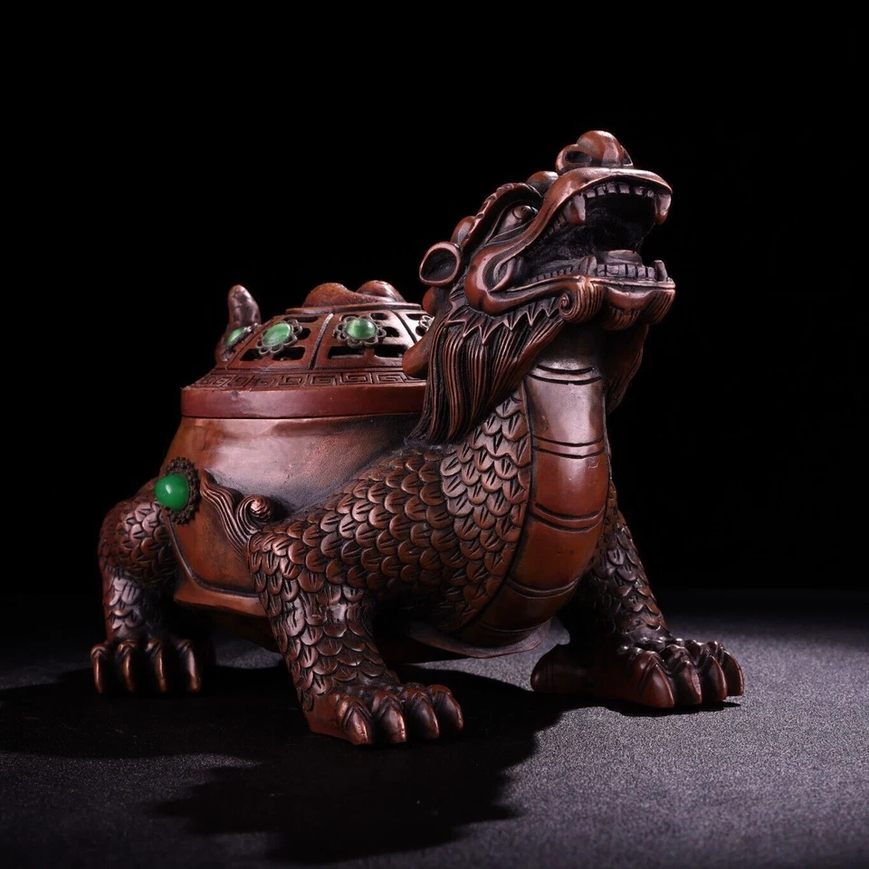 Joias incrustadas manuais antigas de cobre vermelho oito trigramas, queimadores de incenso de tartaruga dragão - Imagem 3 de 4