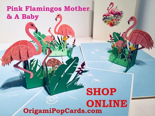 Origami Pop Cards Pink Flamingos Mother & a Baby 3D Pop Up Greeting Card 12x17cm - Picture 7 of 12