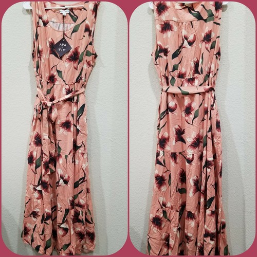 AVA & VIV Peach Floral Scoop Neck Belted Maxi Dress**Pockets**PLUS Size OX**NWT*