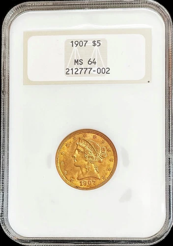 1907 GOLD USA $5 LIBERTY HEAD HALF EAGLE COIN NGC MINT STATE 64