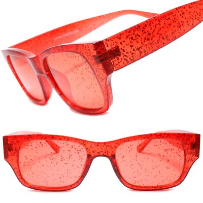 Designer Stylish Glitter Infused Red Frame Rectangle Chic Womens Sunglasses 