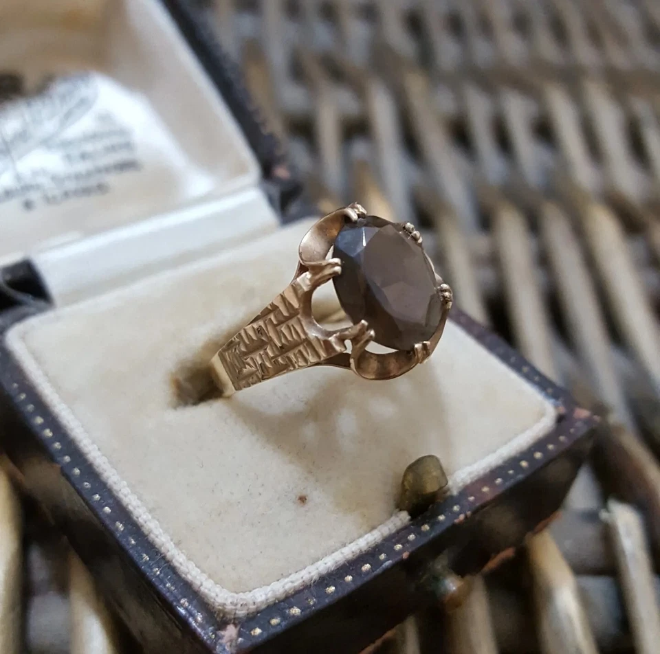 Vintage 9ct Gold Ring, Smoky Quartz Ring , Size K 1/2 US 5.5, Dated 1978, 2.6g — 第 3/4 张图片