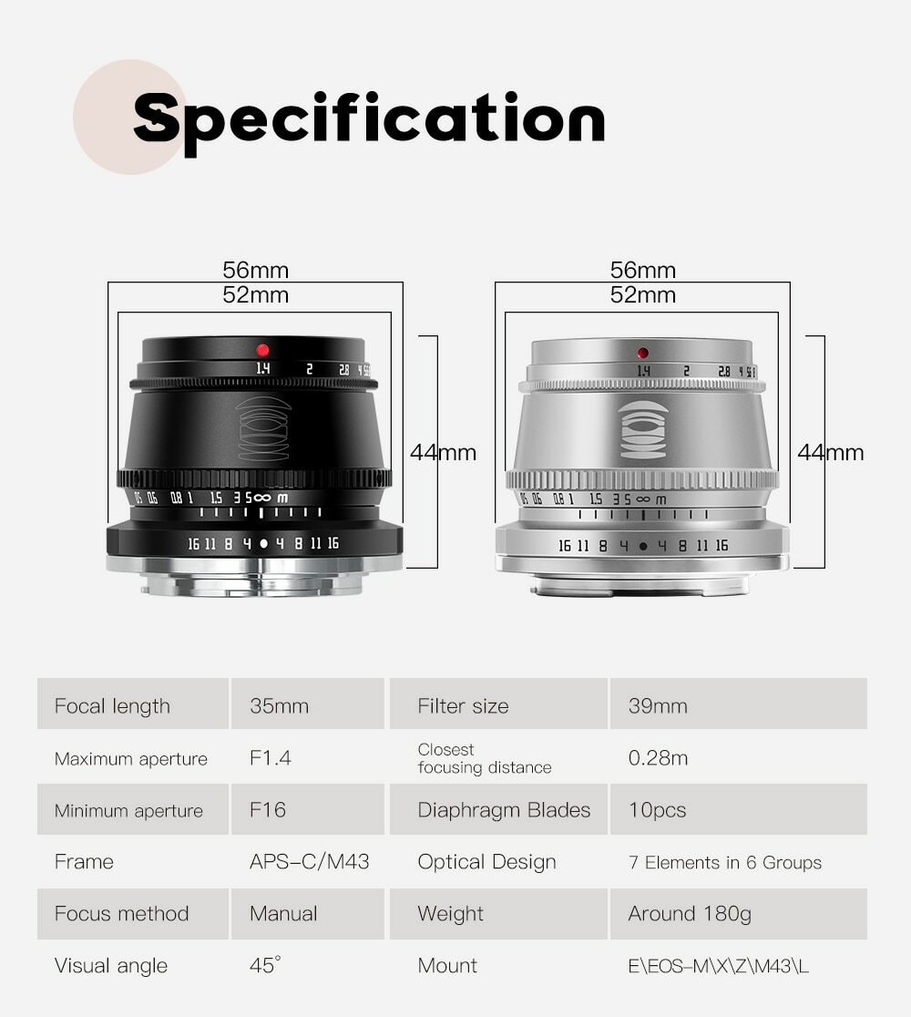 TTArtisan 50mm F1.2 17mm 35mm F1.4 APS-C Manual Focus Lens for
