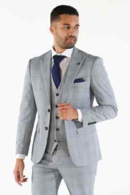 HERREN PAUL ANDREW MARK LT BLAU TAILLIERT PASSFORM KARIERT TWEED HOCHZEIT 3-TEILIG ANZUG