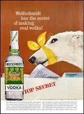 Wolfschmidt's Vodka PRINT AD White Dog with Ribbon Around Mouth "Top Secret" BX4