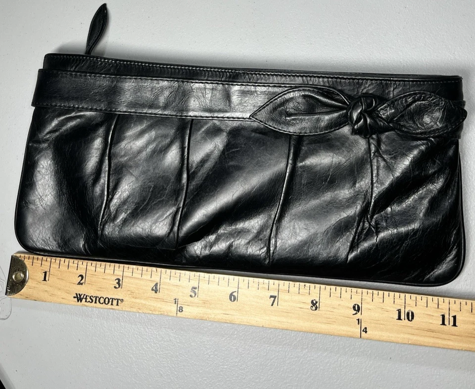 Kooba Black Leather Clutch Womens Evening Purse Handbag Zip Top Pleated with Bow - Image 4 of 4