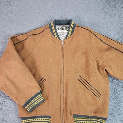 Flandre Genuine Fighter Jacket Mens Large Brown Wool Varsity Bomber Embroidered