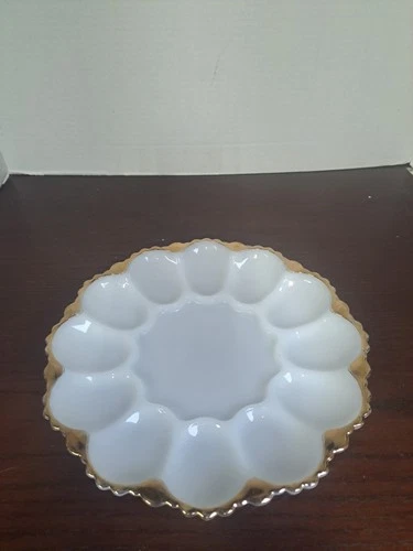 Vintage Anchor Hocking Milk Glass With Gold Trim Deviled Egg Dish