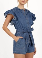 NEW Mable Women s Mia Denim Shorts Tie-Waist Button-Down Romper Size L