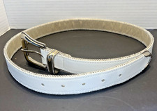 White Western Belt Silver Tone Buckle Beaded Trim Medium 37.5  L x 1  W