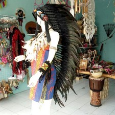 Full Black Native Feather Warbonnet Headdress Large Carnival Party Costume Hat