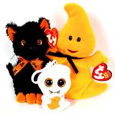 Ty Halloween Beanie Babies   FRAIDY Cat and HAUNT Orange Ghost  8" Plush