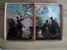 1942 Pair of 8x6 Silhouette Reverse Convex Glass Pictures Man Picks Flowers NIB