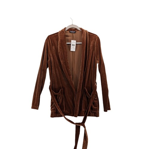 Fashion Nova Velvet Jacket Medium Rust Red Brown Open Front Layering Belt Tie
