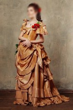 Victorian Gold Satin Bustle Dress Ruffle Period Gown Cosplay Theater Costume