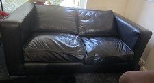 Black Leather 2 Seater Sofa, Square Arms, Padded Cushions 169x100x70cm