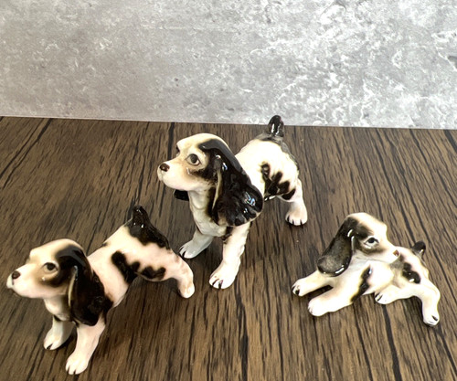 3 Vintage Miniature English Springer Spaniel Puppy Dog Tiny Bone China Figurines