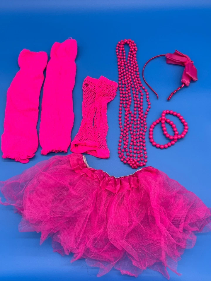Conjunto de fantasia rosa neon para meninas dos anos 80 com luvas e joias - Imagem 2 de 4