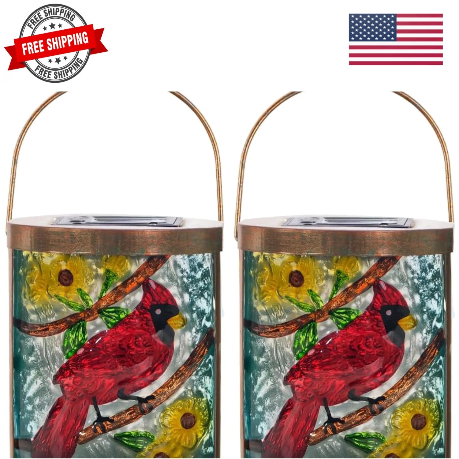 2 Pack Hanging Solar Lantern Outdoor Waterproof Glass Red Cardinal Decorative...