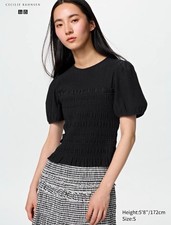 UNIQLO x CECILIE BAHNSEN Women Black Puff Sleeve Tee XL Round Neck Shirring