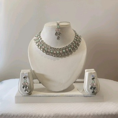 Rosa Neuwertig Indische Bollywood Braut Halskette Tikka Ohrringe Schmuck Kundan Set