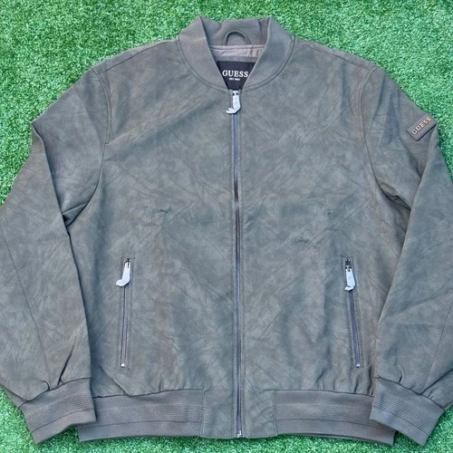GUESS Eddy Stretch Old Printed Leather Jacket Olive Morning Zip Up New With Tag - product listing photo