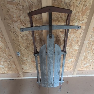 Vintage Style Wood & Metal Snow Sled, Red Frame w/ Gray Slats, 1-Piece
